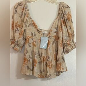 By Together Floral Puff Sleeve Blouse - Orange and Beige NEW